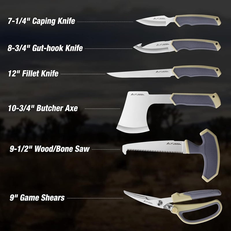 FLISSA Hunting Field Dressing Kit, 10 Piece Hunting Knife Set with Skinning Knife, Butcher Game Processing Kit with Portable Storage Case for Deer, Meat Processing, Fishing, Camping, Survival - Image 2
